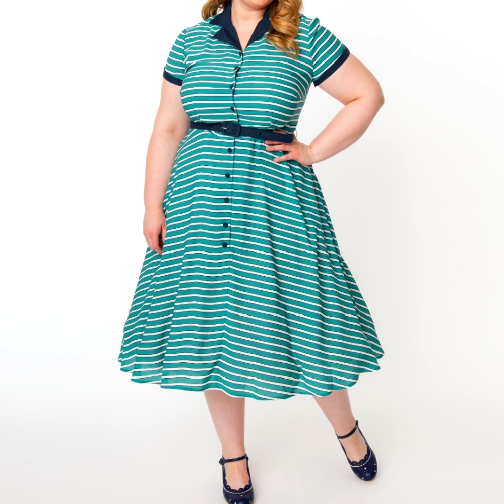 Unique Vintage Plus Size 1950s Teal & White Stripe Alexis Swing Dress